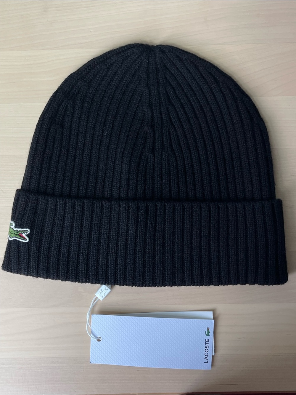 Lacoste Unisex 100% Wool Ribbed Beanie Black One Size NWT